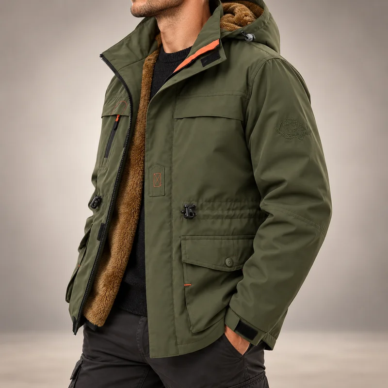 Men's Winter Jacket with Fleece Lining, Detachable Hood, Multiple Pockets and Adjustable Waist for Casual Outdoor Wear