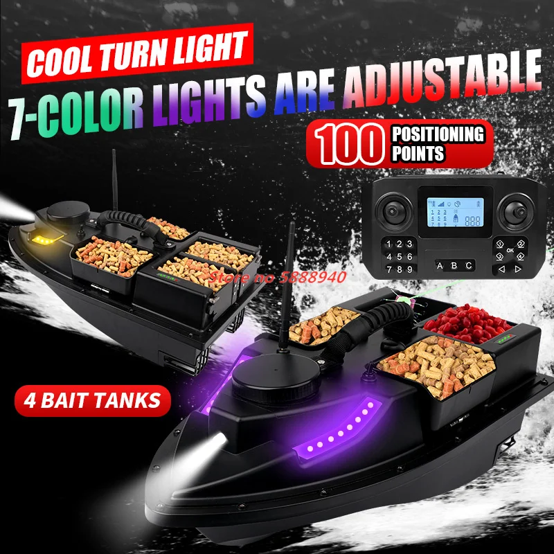 54CM 4 Hopper 100 GPS Fishing Bait Boat 100GPS Point 500M 2KG 7-Color Light Adjust RC Nesting Boat Smart Cruise RC Fishing Bait