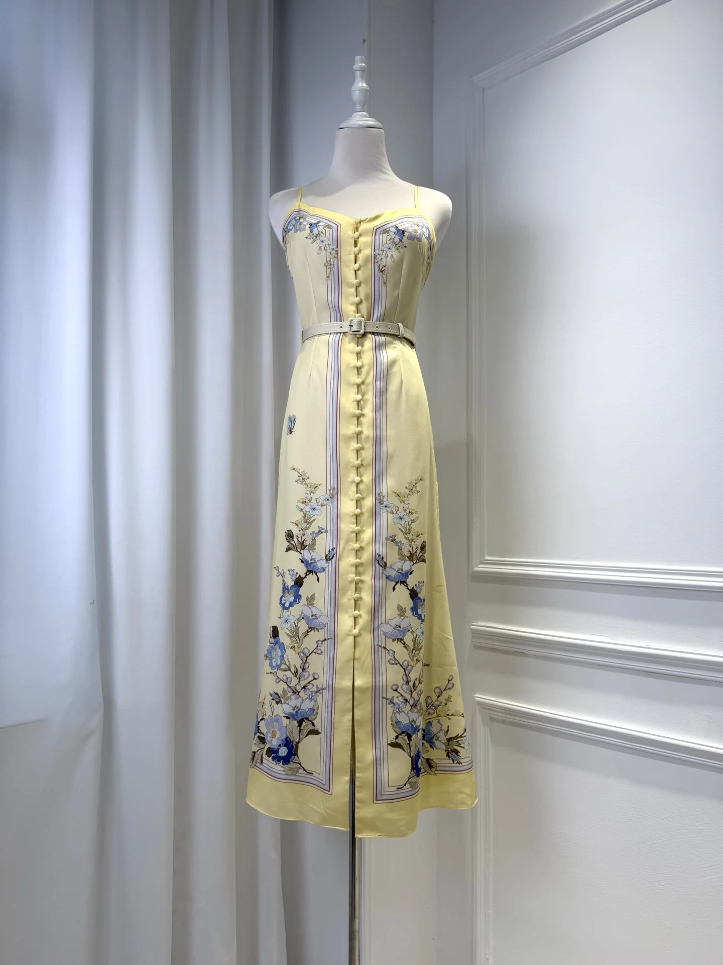 

2026 New Women Cotton Yellow Sling Robe Flower Printed V-Neck Single Breasted Sleeveless Backless High Waist Elegant Long Dress
