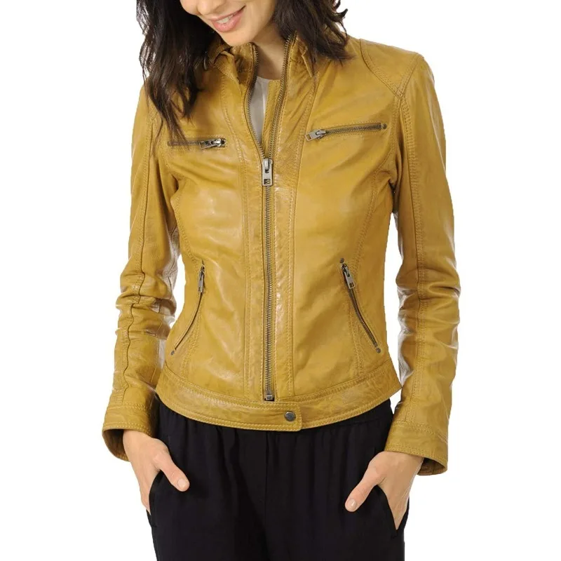 Women's Lambskin Leather Jacket Biker Slim Fit Yellow Stylish Party Wear