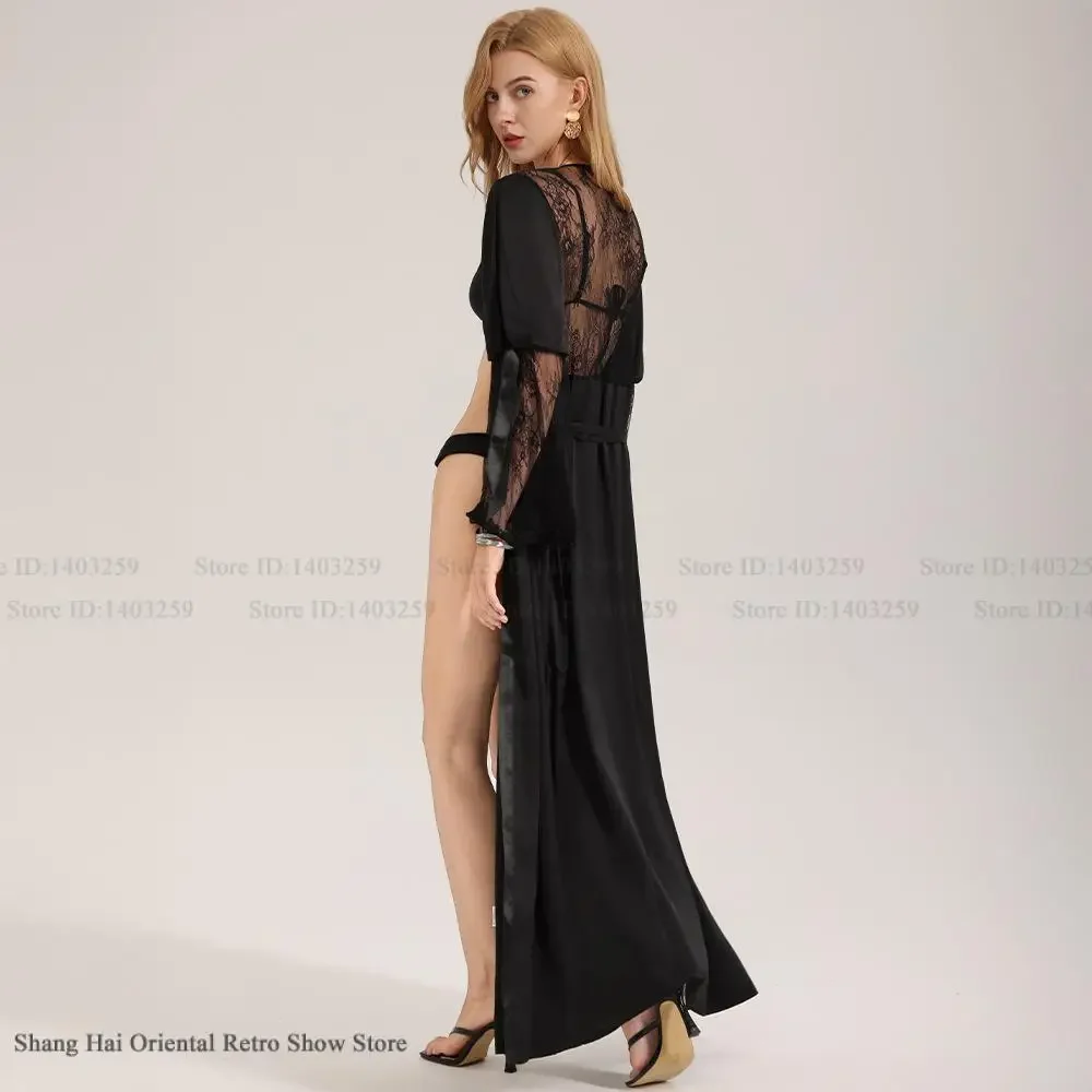 Black Silk Satin Long Robe Home Dressing Gown Fashion Backless Perspective Lace Nightgown Kimono Gown Bathrobe Loose Sleepwear