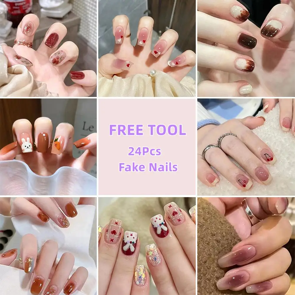 24PCS/Box  Artificial Nails With Glue Milky White Pink Gradients Long Ballet Full Cover Acrylic Nail Stick Fake Nail Tips