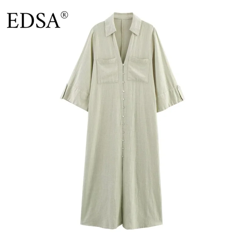 EDSA المرأة قميص كتان على غرار ميدي فستان التلبيب الياقة الخامس الرقبة طويلة الأكمام فتحات جانبية فساتين طويلة فضفاضة زر متابعة
