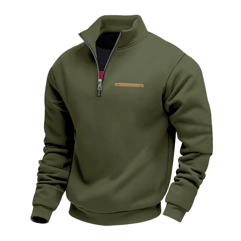 Amerikanischer Herbst- und Winter-Herrenpullover aus schwerem Fleece mit langen Ärmeln, halbem Reißverschluss, lockerem Schnitt und Stehkragen – Detail 18