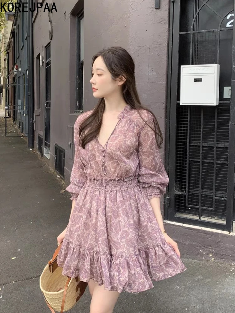 Korejpaa Korean Fashion Women Dress 2024 Spring French Elegant Ruffle Flower Printed Mini Dresses Casual Slim Chiffon Vestidos