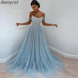 Sparkle Prom Dresses Sky Blue Sequin Formal Evening Dress Tulle Flowers Lace Appliques Wedding Party Gowns vestidos de gala