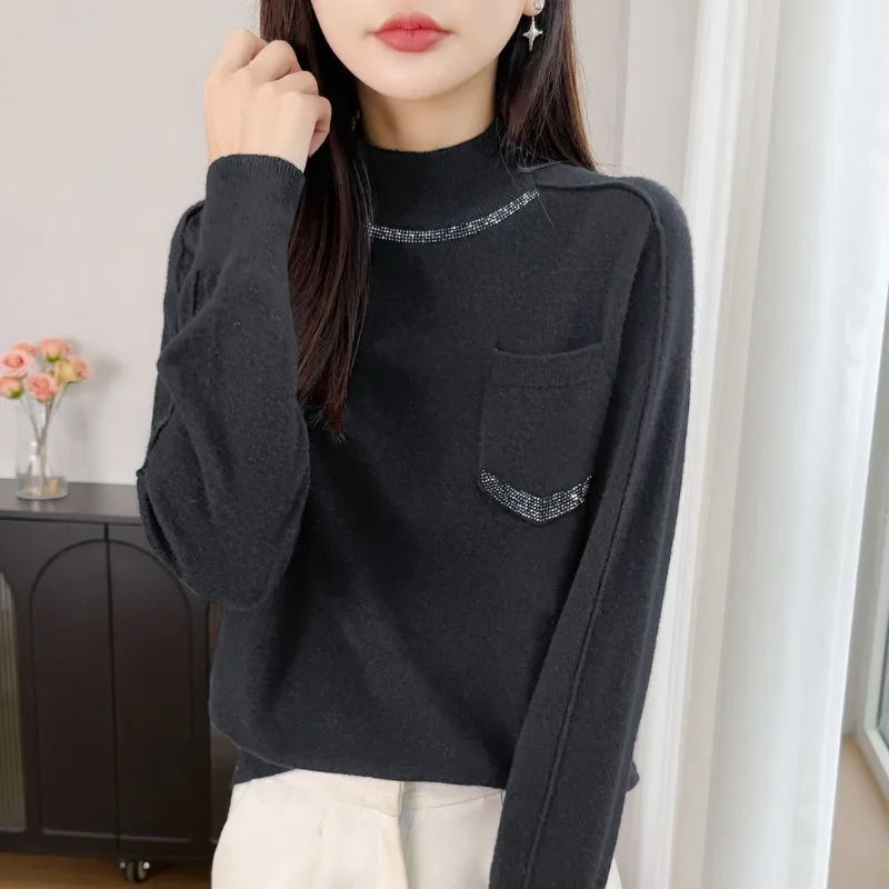 Womens Plus Size Half Turtleneck Knit Sweater Hot Drill Decor Loose Warm Thick Base Shirt For New Year S 4XL