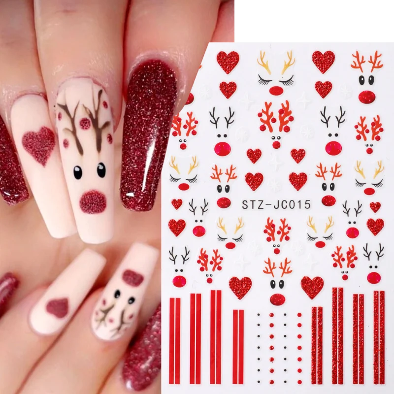 Cartoon Christmas Nail Stickers Cute Elk Antlers Snowflake Heart Stripe Adhesive Decals Glitter New Year Sliders Nail Art Decor