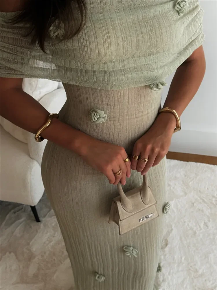 Woman 3D Floral Off Shoulder Dress Strapless Pleated Solid Color Robes Sleeveless Elegant Fashion Slim Women's Long Maxi Dress