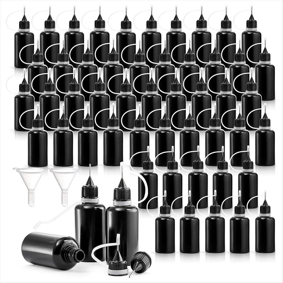 A20I 50 Pack Black Tip Applicator Bottles with 2 Funnels, 1 Oz / 30ml Needle Tip Glue Bottles, Small Squeeze Bottle