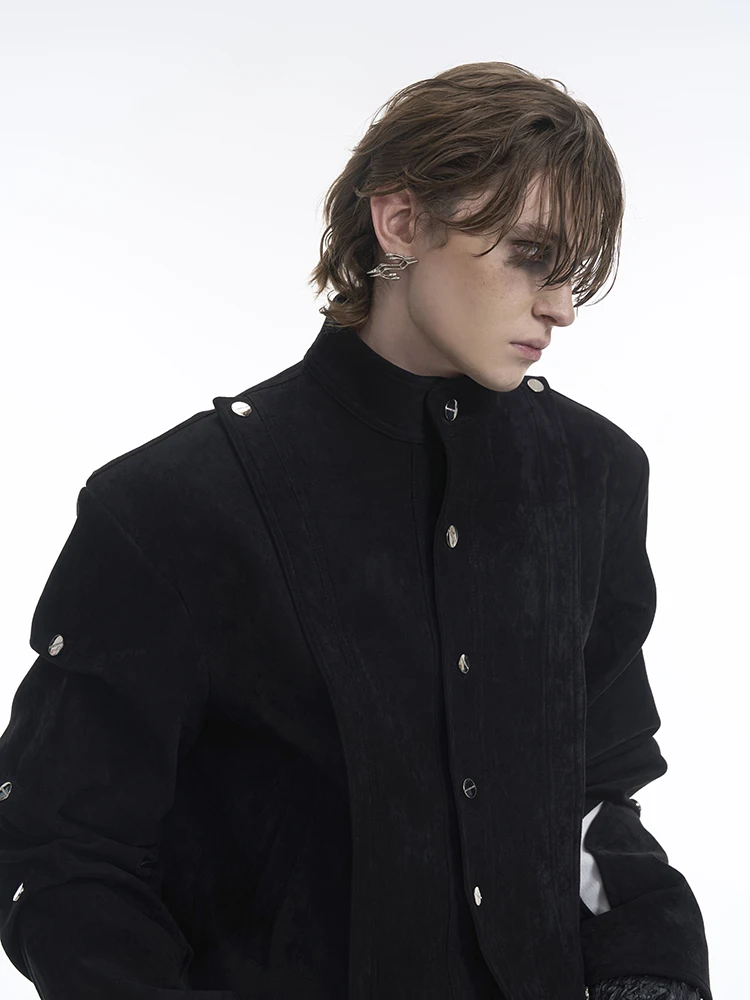 2025 Spring and Autumn New Hot-Selling Men's Suede Black Wrinkled Deconstructed Design Jacket High-Waisted Slim-Fit Pants