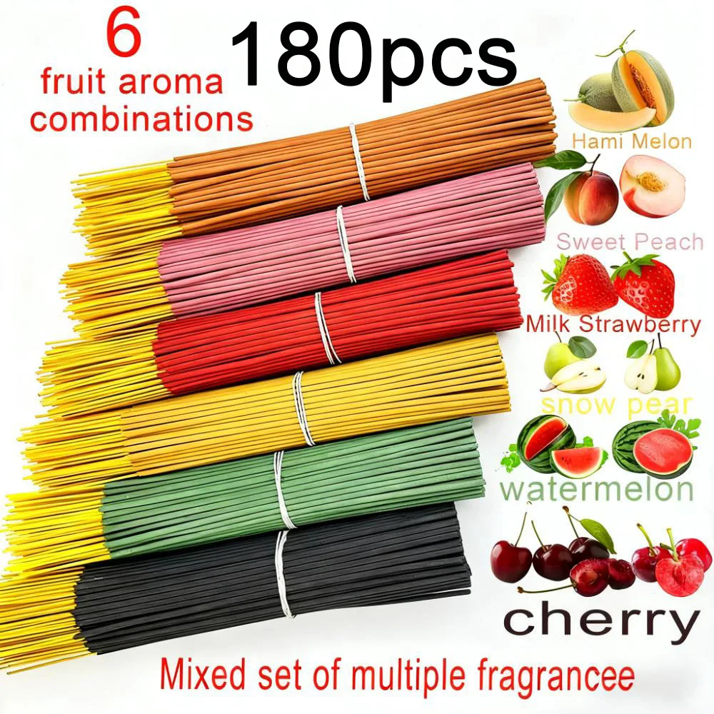 6 paquetes de varillas con aroma a fruta de aproximadamente 180, incluye sandía, melocotón dulce, melocotón, leche, fresa, cereza y otros sabores, adecuada para purificación, relajación, uso en la oficina, lectura, sueño, música, fragancia de larga duraci