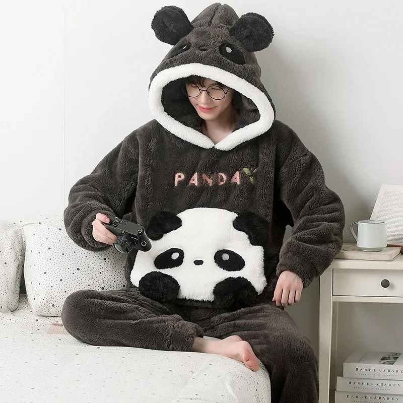 Animal Panda Men Pijama Set Winter Thicken Soft Sleepwear Hooded Pyjama Male Pajama Sets Coral Velvet Men Pajamas Warm Homewear