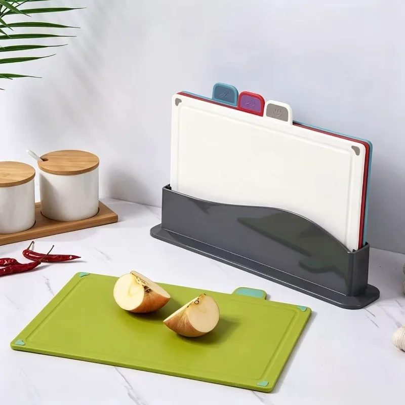 Cutting Board Set with Holder,4 pcs Color-Coded for Kitchen Anti Bacterium Plastic Chopping Board with Chopping Board Organizer