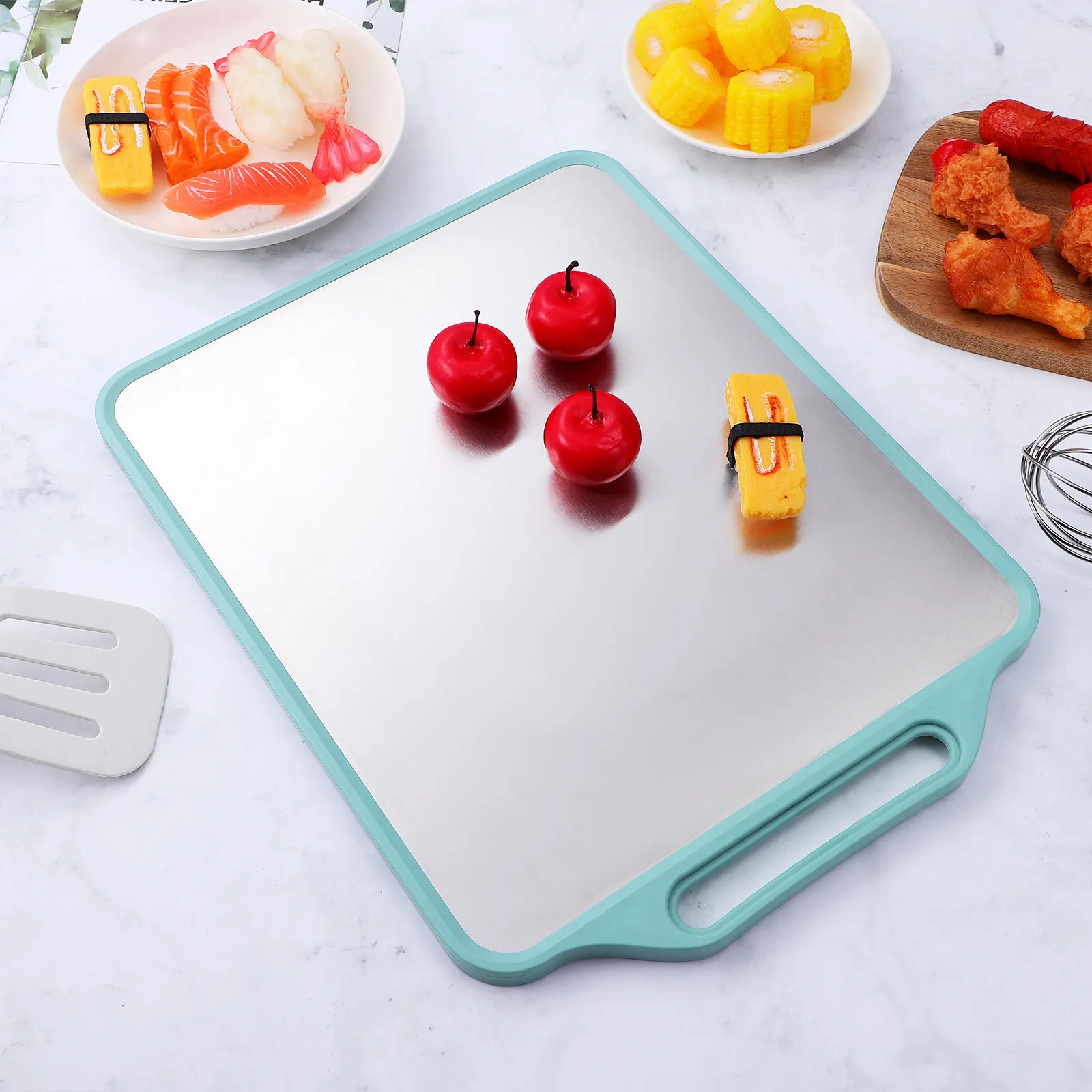 Extra Large Dual Surface Cutting Board Stainless Steel and Plastic Combo with Hanging Hole Non Skid Base Mashing Corner