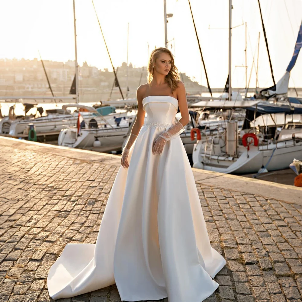 Robe de mariée en satin à col bateau classique pour femme, A-ligne, Noeud de cour, ixde mariage, Tout ce que pour les femmes