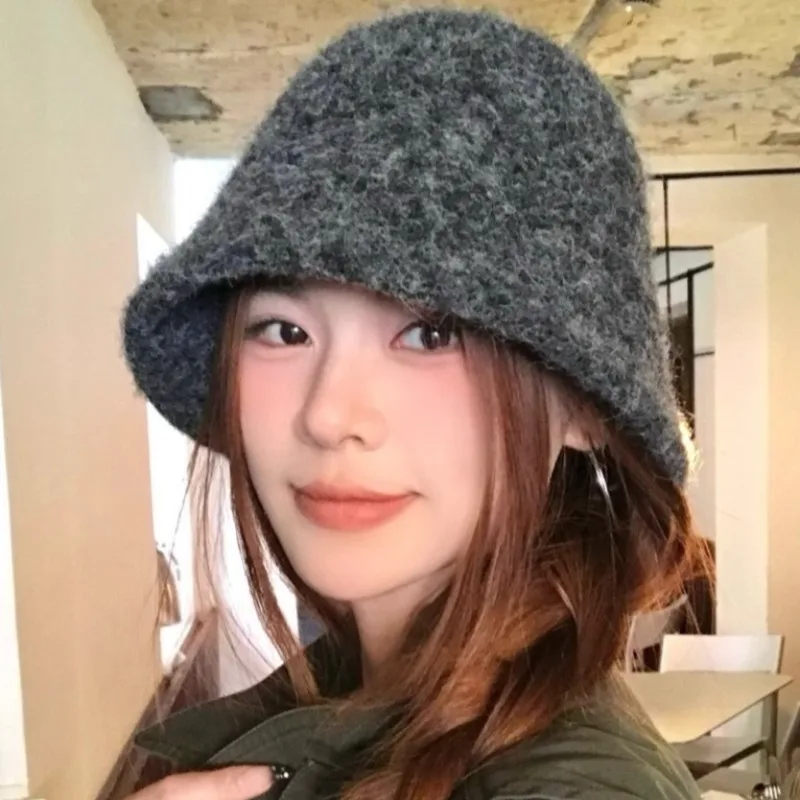 جديد الشتاء الصوف مزيج قبعة بحافة محبوك قبعة صياد للنساء الدافئة الوجه التخسيس قبة تاج قبعة أنيقة على الموضة