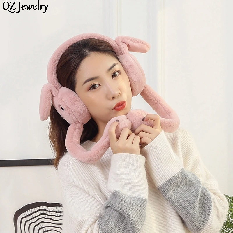 Cute Jumping Earmuff Rabbit Hat with Moving Ears Airbag Hat Funny Bunny Cap Plush Earflap Ear Movable for Adults Kids Gifts Toy