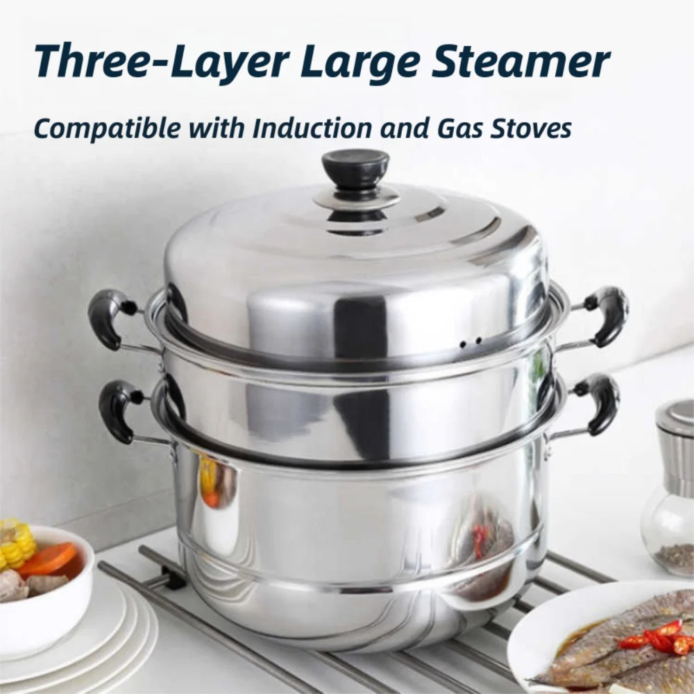 

Stainless Steel Steamer Cooker 26-34cm Thickened Soup Steam Pot 3 Layer Deepened Stockpot Cookware Induction Cooker Gas