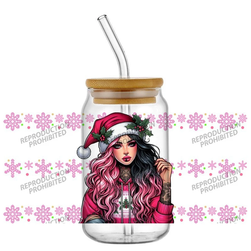 Merry Christmas Lady Reindeer UV DTF Cup Wrap Waterproof Cold Transfer Sticker for 16oz Libbey Glass Can DIY Xmas Gift Decor