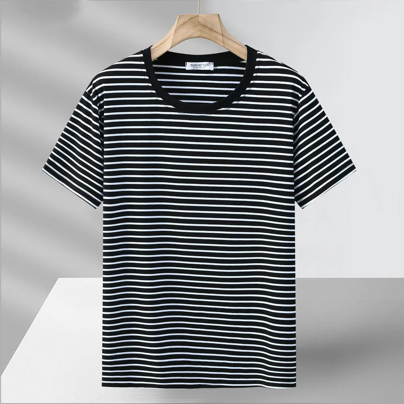 

Plus Size 11XL Men Striped O-Neck Short Sleeve T-shirt Elastic Cotton Loose Casual Summer 10xl 160kg