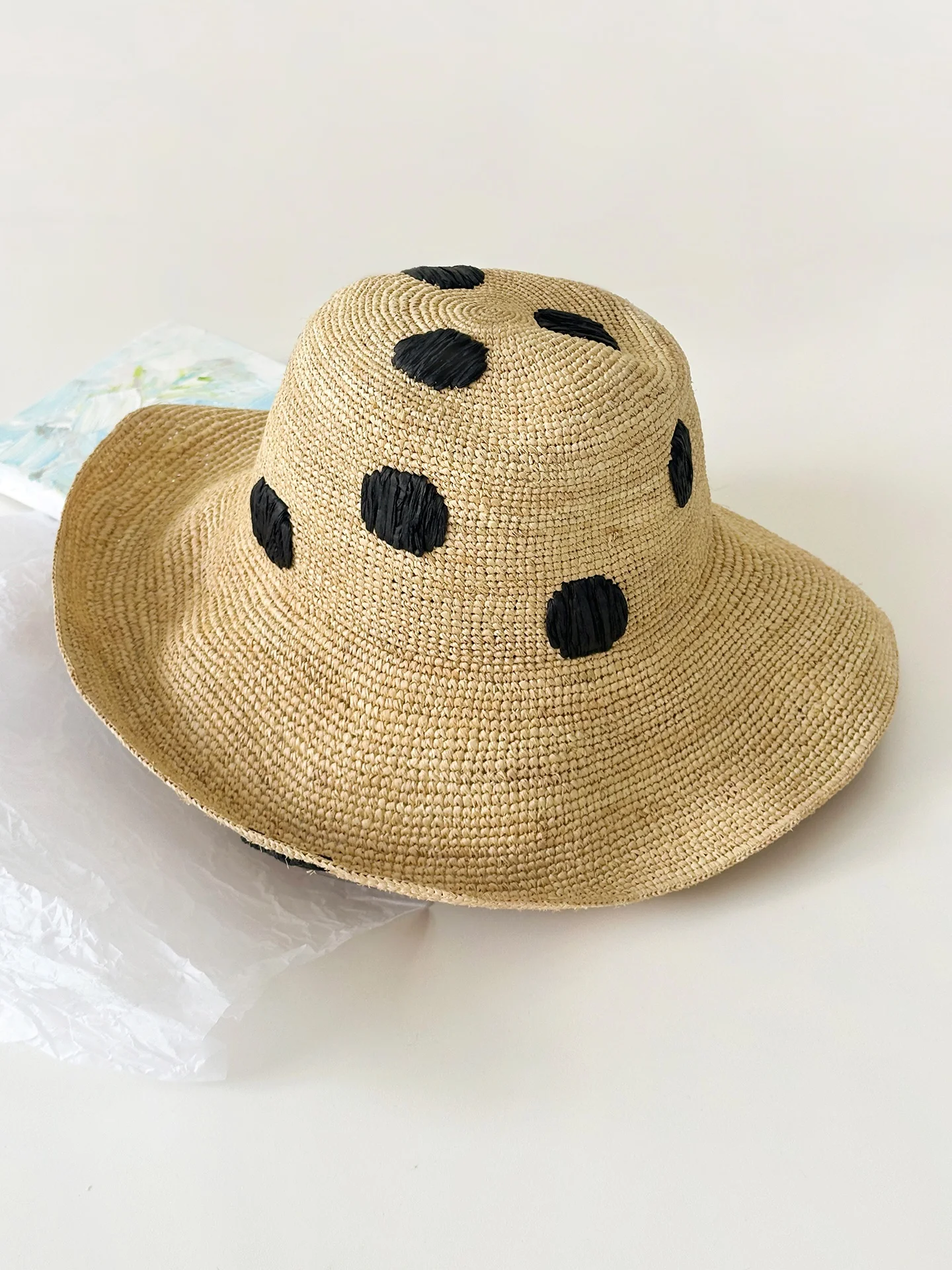 feytiy-水玉模様の麦わら帽子-つば広ビーチサンハット-調節可能で快適な春夏の休暇用帽子-女性用-ナチュラルラフィア