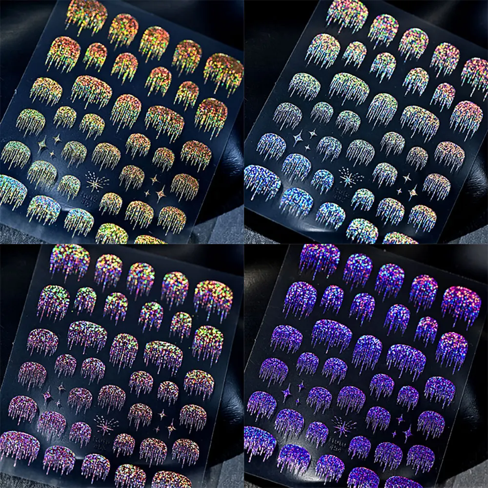Autocollants pour ongles, cascade française violette scintillante 5D, holographique réfléchissant, ligne française irrégulière, ligne ondulée adhésive, décoration d'ongles, 1 pièces