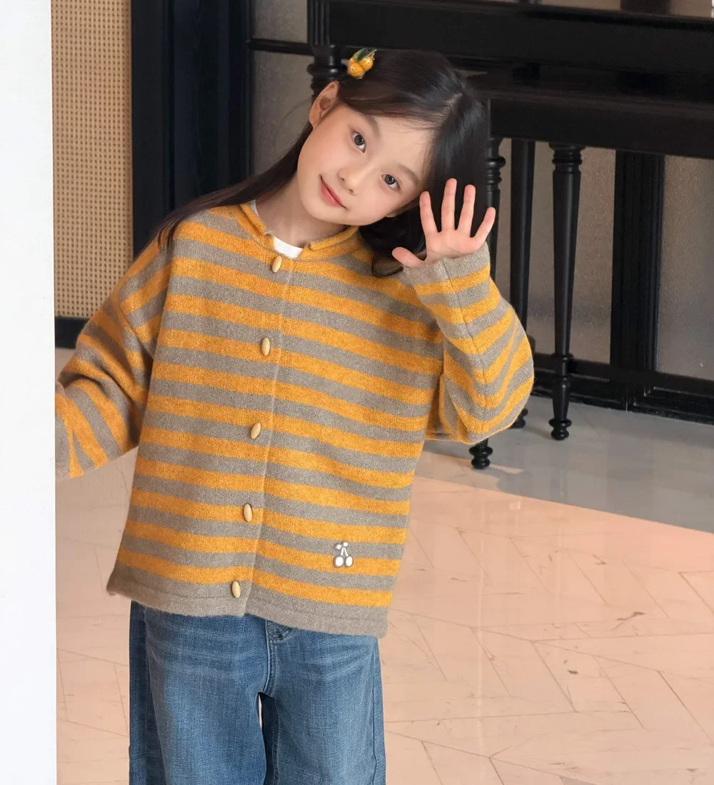 Children's Clothing Fall winter baby clothes kids sweaters girl coat Striped pattern knitted cardigan Loose cherry embroidered