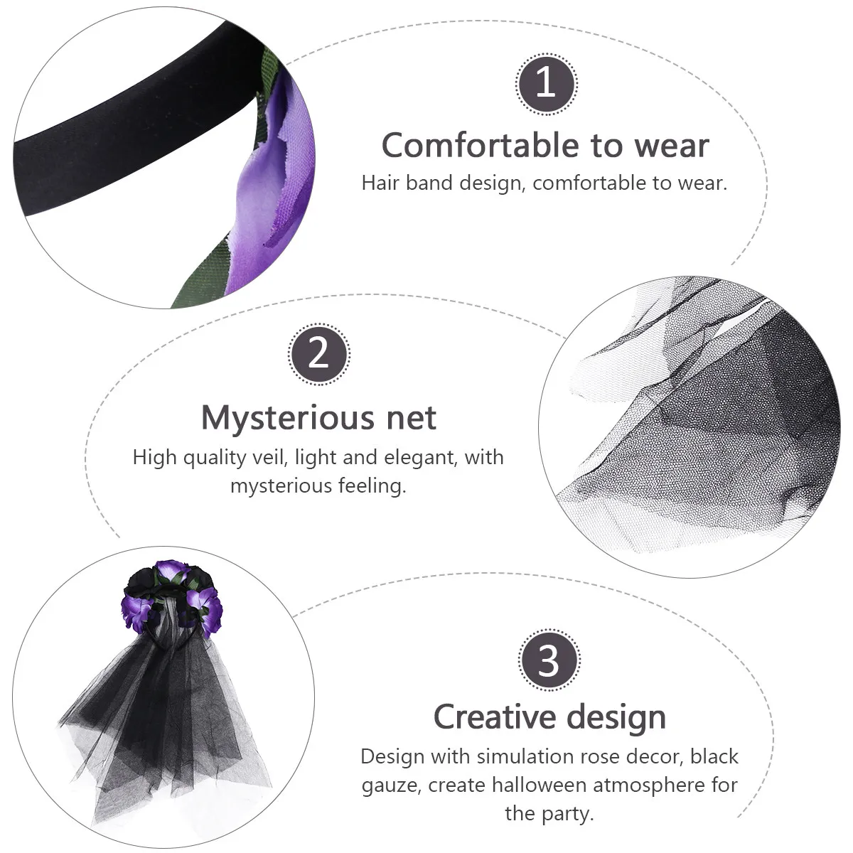 Halloween Rose Flower Headband Veil Headdress for Women Black Gauze Simulation Decor Lightweight Comfortable Party Costume