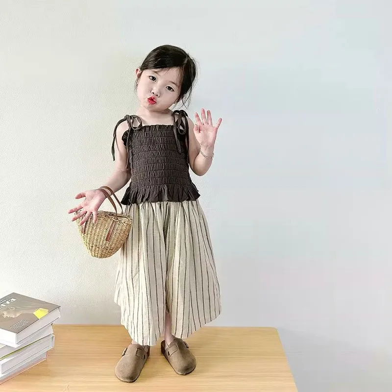 2026 Summer Baby And Girls Cotton Pleat Slim Fit Crop Suspender Shirt Tops+Stripes Pant Set Kids Tracksuit Children 2PCS Outfit