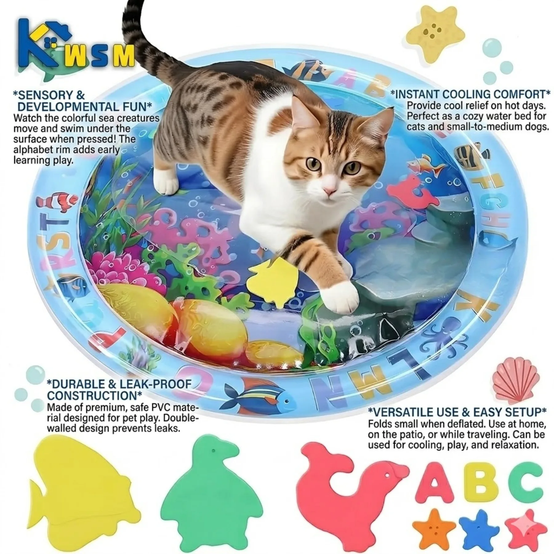 Thickened Inflatable Water Play Mat, Ocean Fish Themed Sensory Activity Pad Interactive Cooling Toy for Cats Dogs