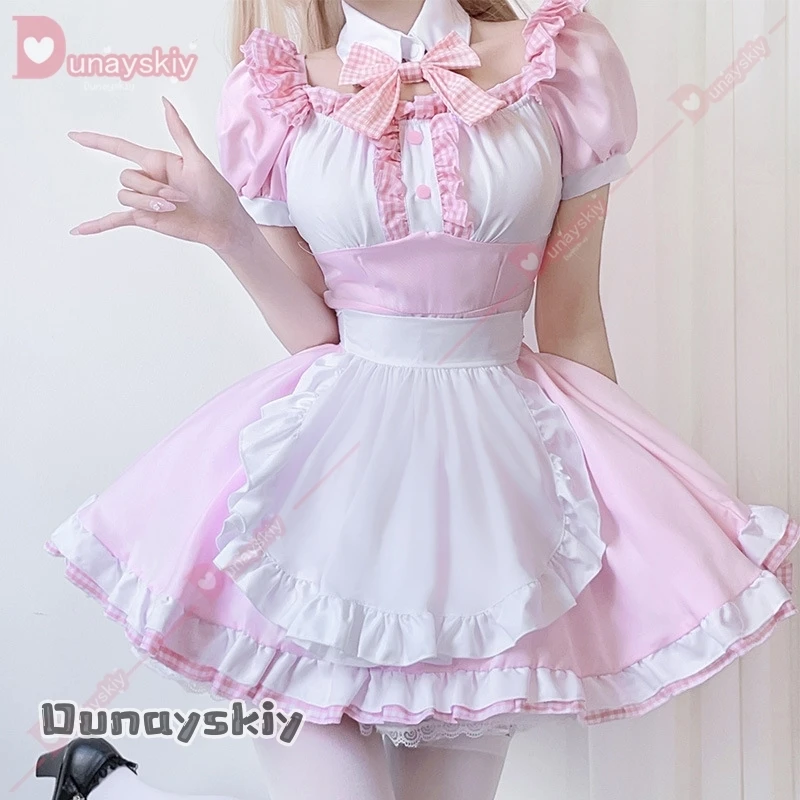 ญี่ปุ่นน่ารักแม่บ้านลายสก๊อตเครื่องแต่งกายสาวนุ่มฮาโลวีน Gothic Waitress สีชมพูหวานชุดน่ารักผ้ากันเปื้อนแม่บ้านบทบาทเล่นเครื่องแต่งกาย