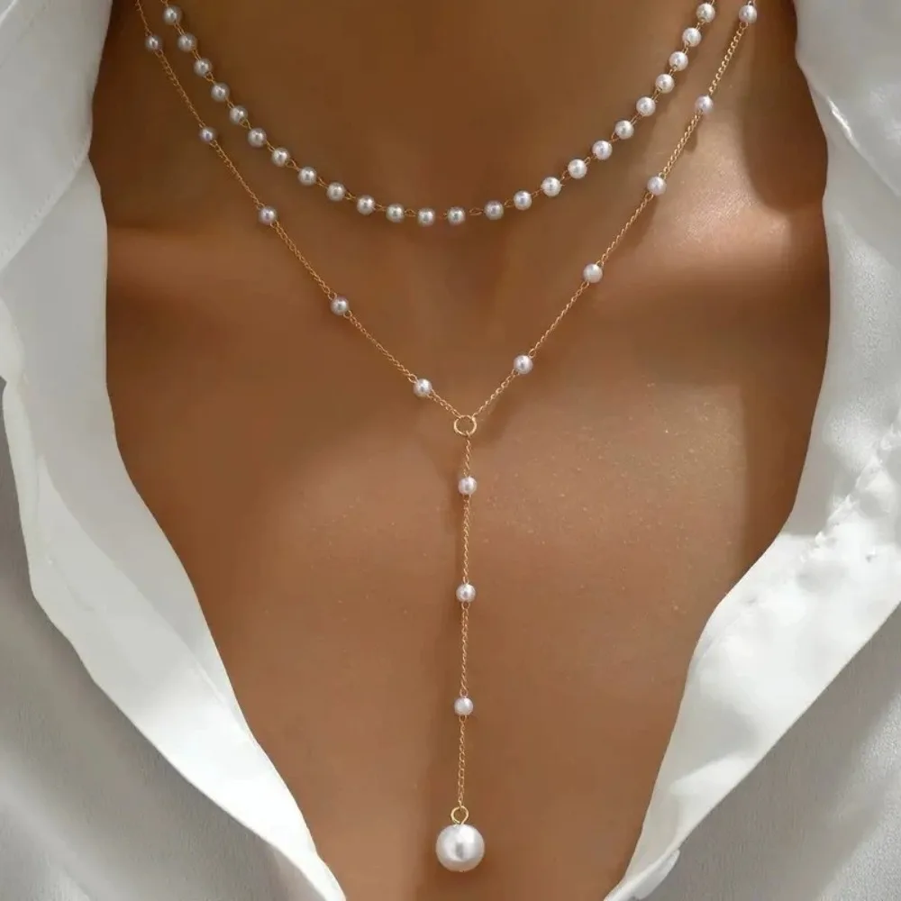 2025 nuevo coreano perla de imitación gargantilla de doble capa colgante de cuentas de bola grande collar de borla para mujeres regalos de joyería de moda Sexy