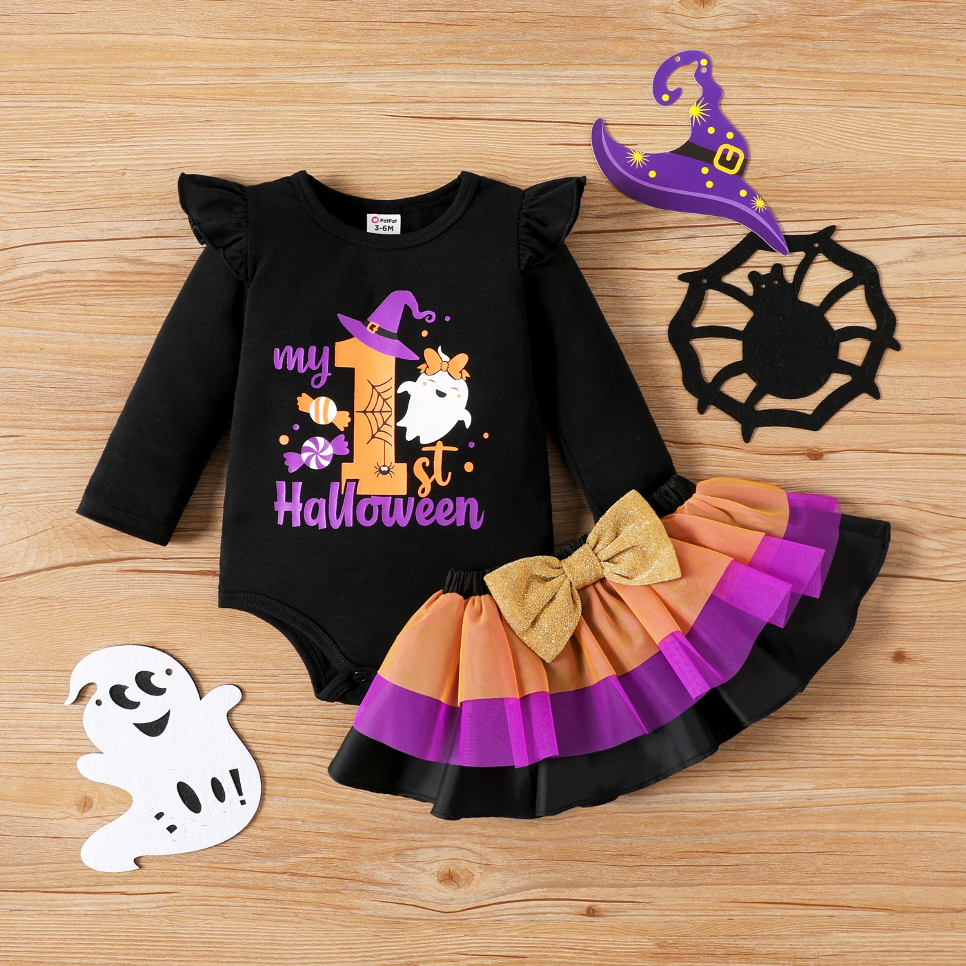 PatPat 2PCS Baby Girl Childlike  Halloween Costume Flutter Sleeve Dress Set