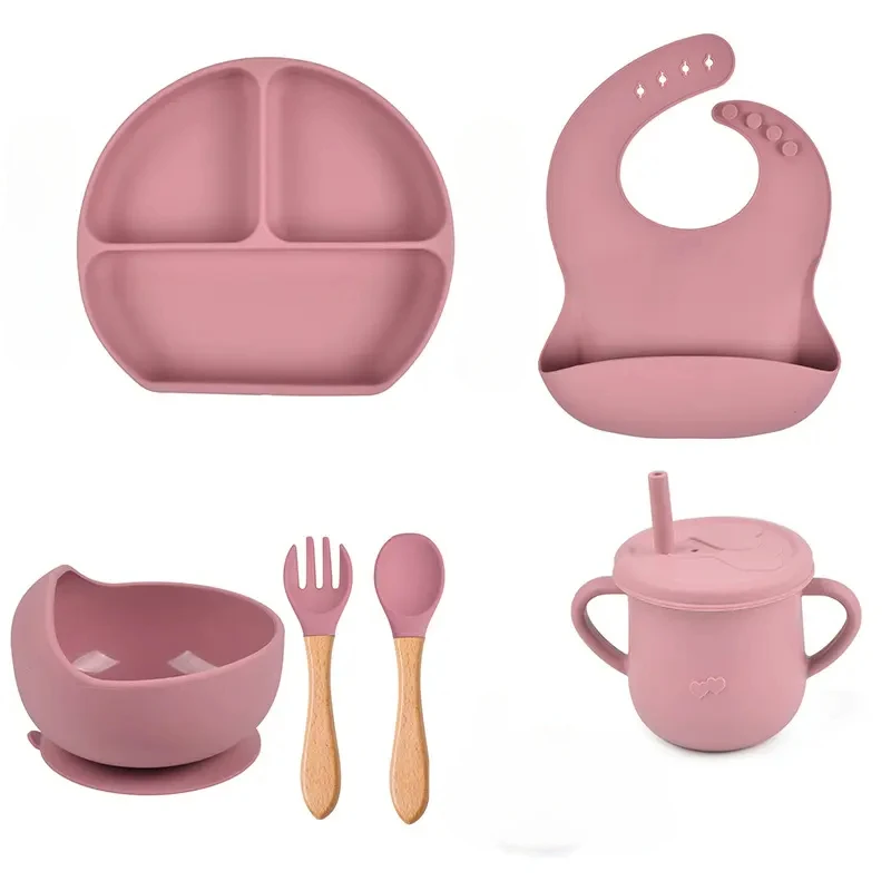 

6Pcs Set Baby Silicone Dining Plate With Sucker Bowl Sippy Cup Spoon Fork BPA Free Non Slip Baby Assisted Tableware