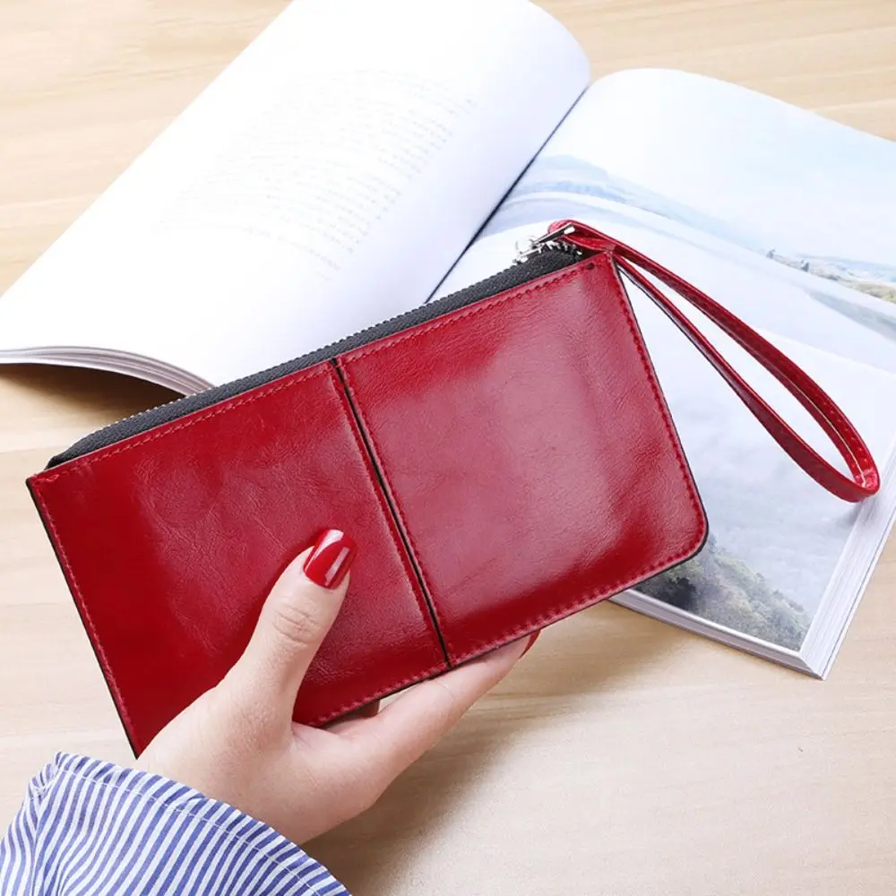 Leather Women's Clutch Wallet New Vintage Zipper Coin Purse Large Capacity Oil Wax Wristband Wallet