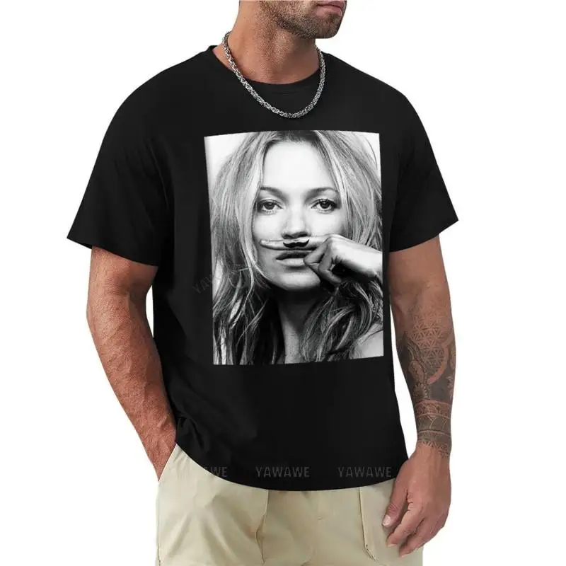 Kate Moss, bigote, blanco y negro, camiseta de fotografía, tops de talla grande, camisetas gráficas, camisetas lisas para hombre