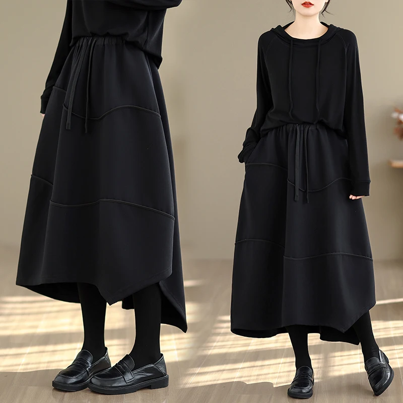 Thick Elastic Waist Umbrella Skirt Irregular Hemline Half-length Non-uniform Design Warm All-rounder Cotton Polyester Blend