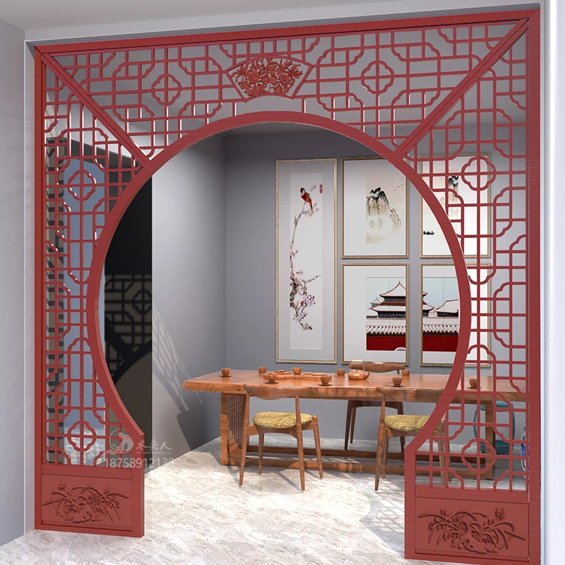 Wood carving antique moon door Chinese solid wood lattice living room partition Bogu frame entrance moon door arch