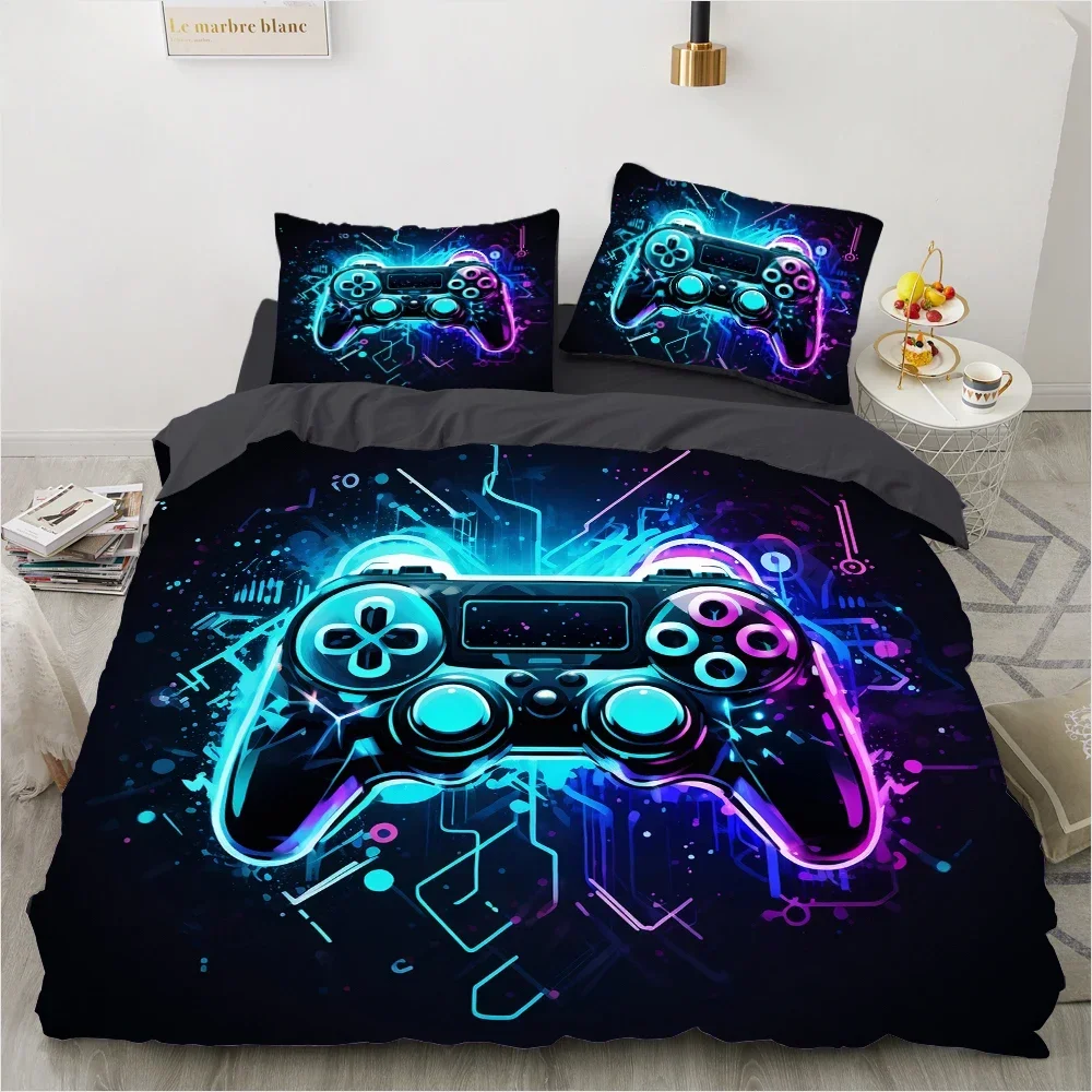 Game King Queen Duvet Cover 3D Black Game Handle Bedding Set for Kids Teens Boys Man Gamer Bedroom Decor Quilt Cover Pillowcase