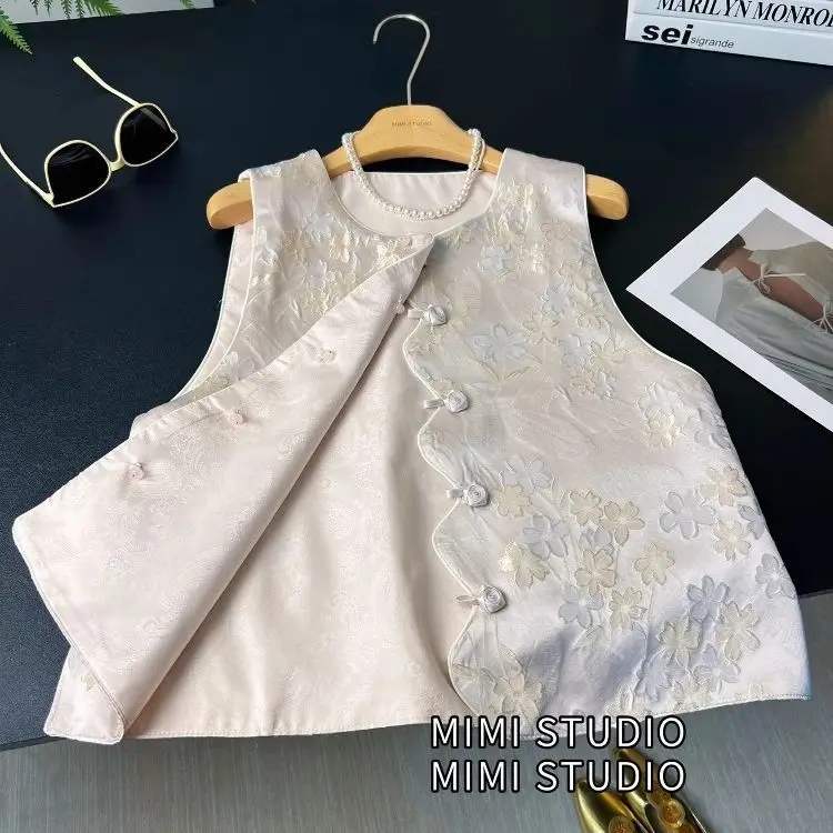 Retro style new Chinese relief printed vest women's 2025 summer new national style temperament satin sleeveless short top