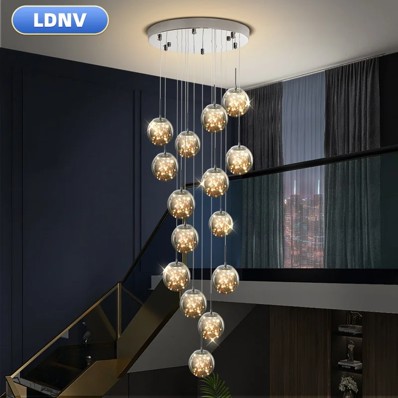 Chandelier Modern LED Glass Ball Lampshade Ceiling Chandelier Stairs duplex Villa Loft Living Room Lamp Chandelier