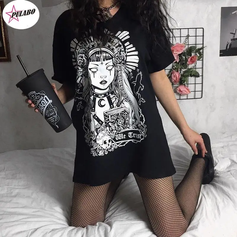 PULABO Grunge Black Print T-shirts Gothic Loose Punk Harajuku Streetwear Summer T-shirt Female Fashion Aesthetic y2k