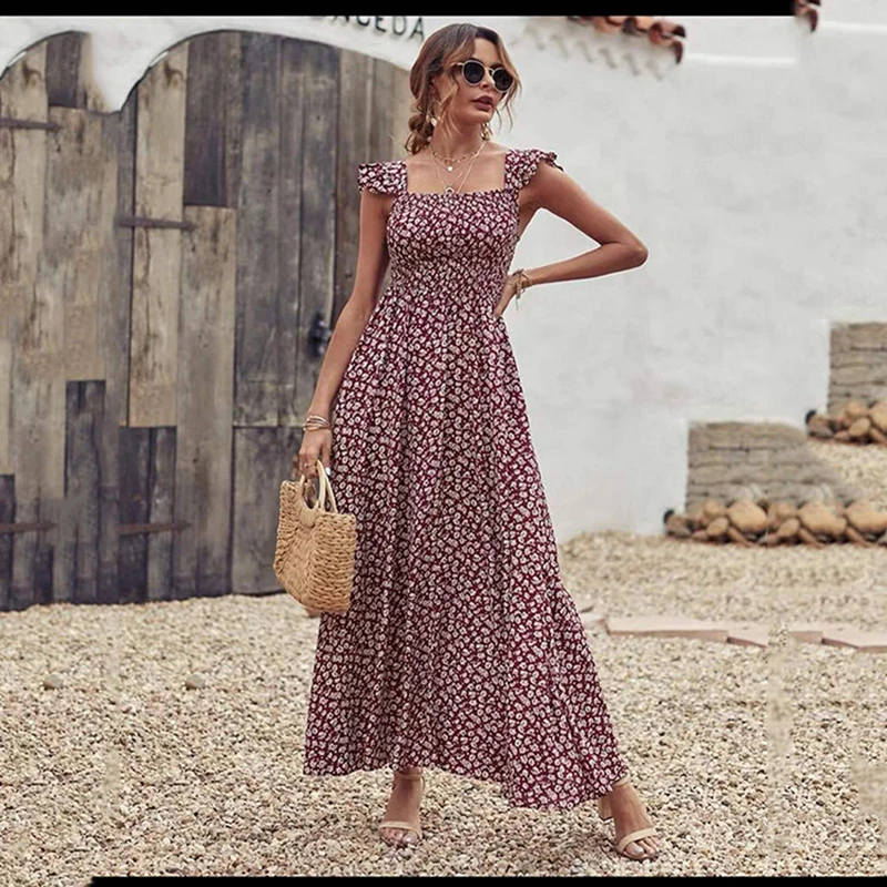 Đầm In Hoa Xù Tay Đi Biển Mùa Hè Ngọt Đầm Áo Bohemian Hoa Đầm Maxi Dài Đầm Vestidos