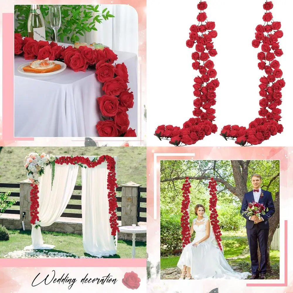 

2 Pcs Red Artificial Rose Vine Hanging Faux Flowers Garland for Wedding Anniversary Birthday Party Background Arch Garden Home W
