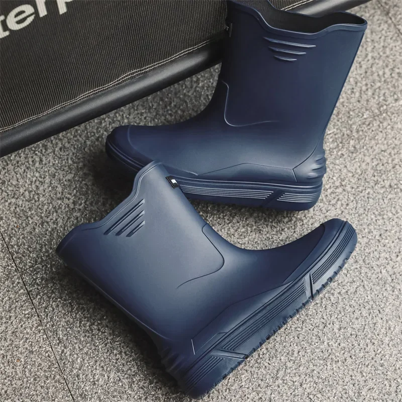Men's Waterproof Adjustable Drawstring Mid-Calf Rain Boots Outdoor Fishing Booties Anti-Slip Wear-Resistant Thickened Shoes