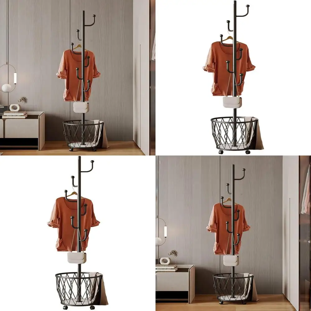 

Современная металлическая вешалка для одежды в стиле кактуса с корзиной для прихожей, идеальный органайзер для шляп, шарфов и сумок (черный)