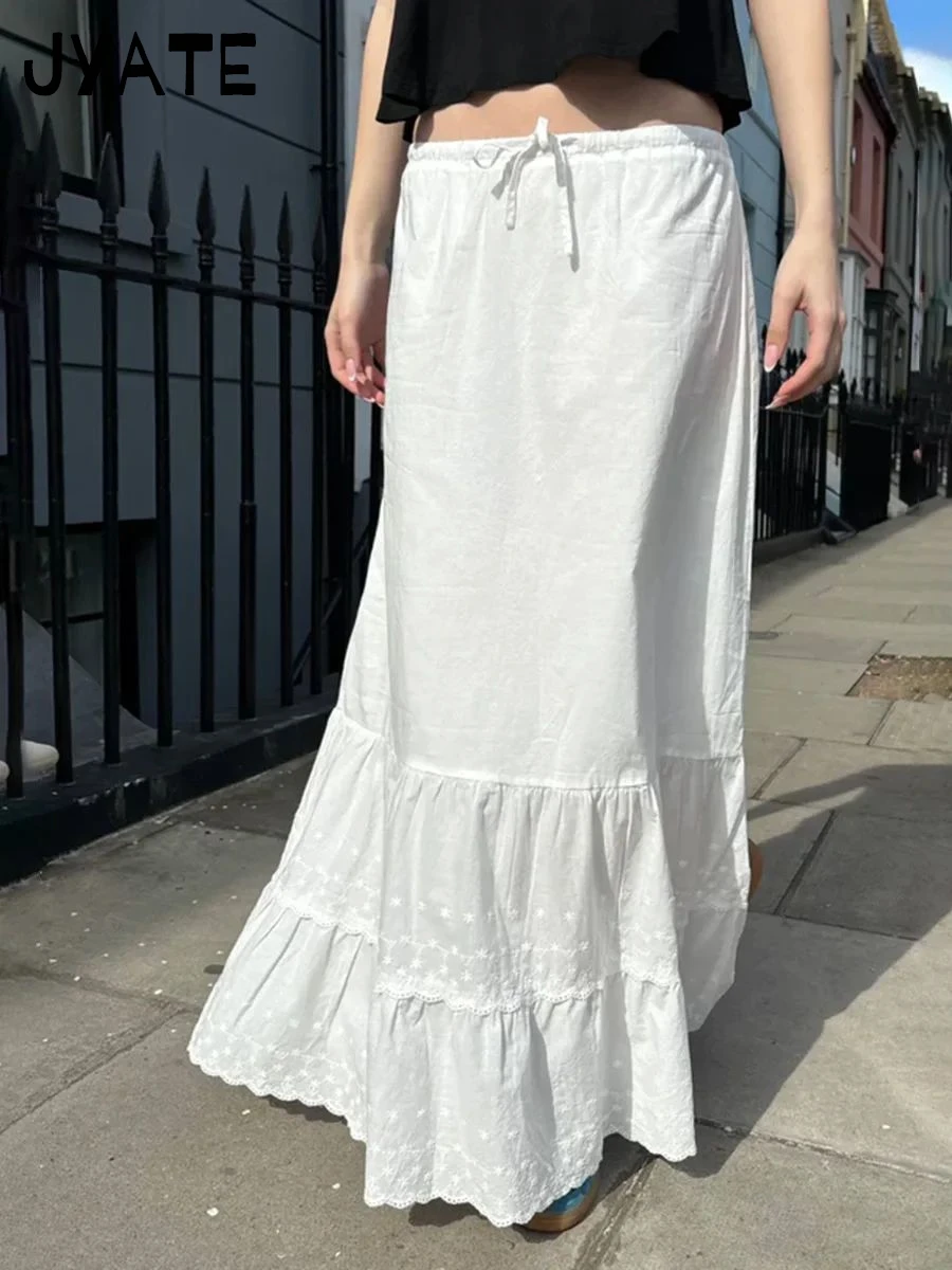

White Floral Embroidery Maxi Skirts Women New Cotton Lace Trim Drawstring High Waist Ruffles Long Skirt Vintage Sweet Faldas Y2K