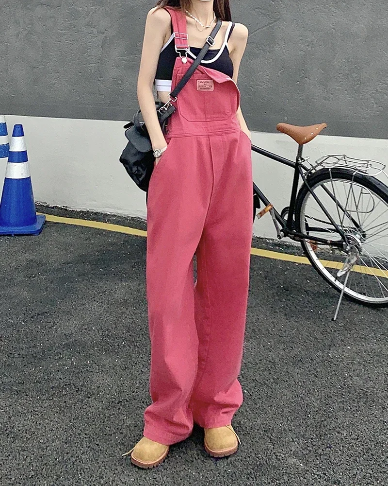 

Pop Rose Pink Fashion Women Denim Jumpsuit Spring Autumn Loose Casual Straight Overalls Fashion Wide Leg Suspender Jeans