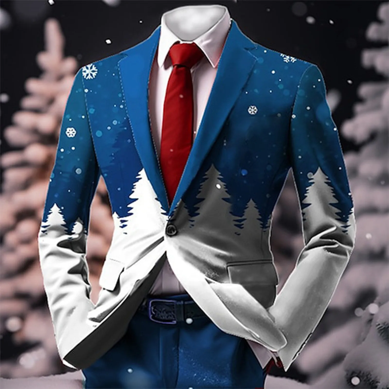 Christmas Tree Print Breasted Two Button Suit Coat Retro Ethnic Style Open Front Suits Jacket Business Casual Blazer for Men